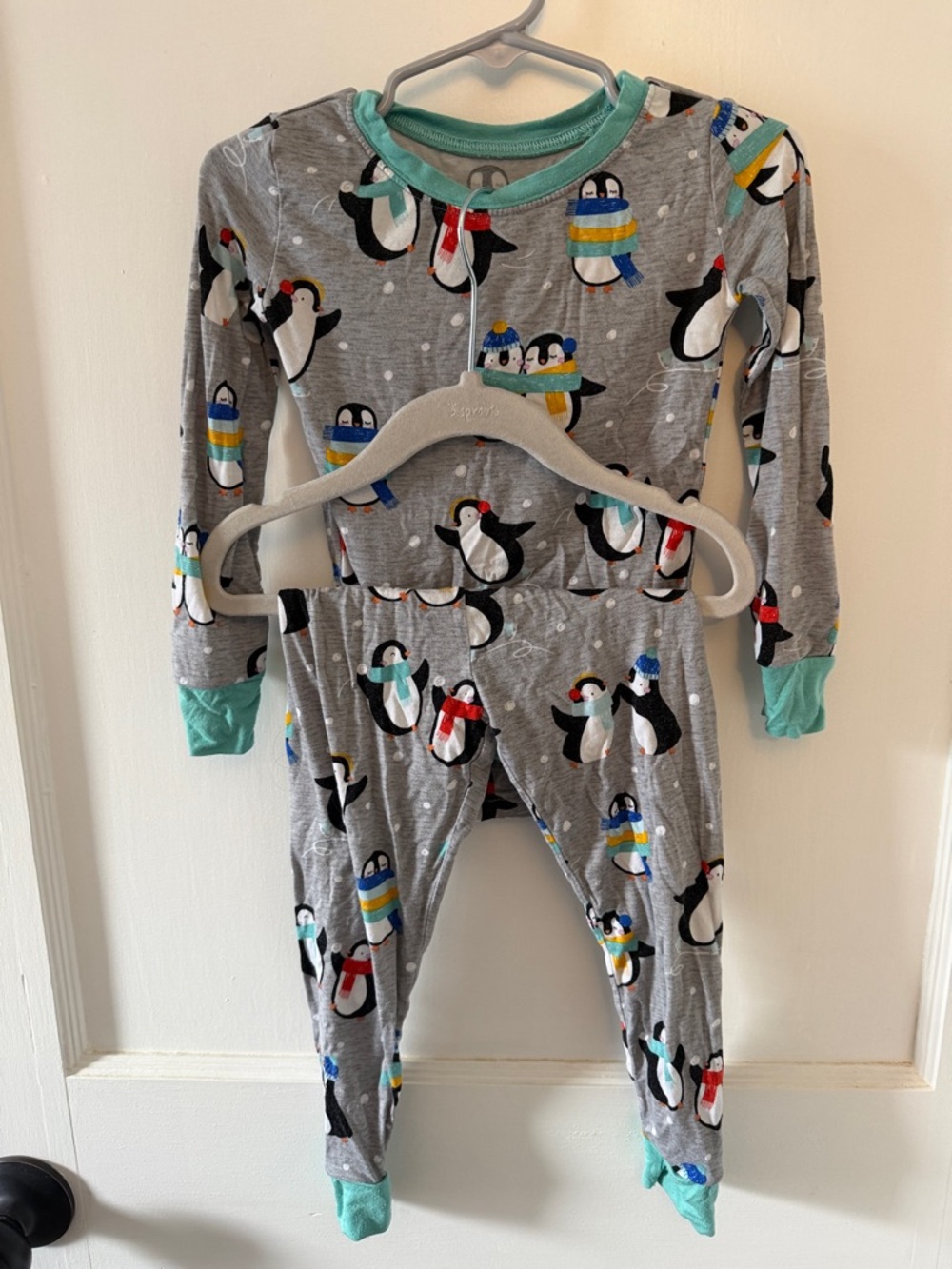 Little Sleepies Gray Penguin Footed One-Piece with Aqua Trim